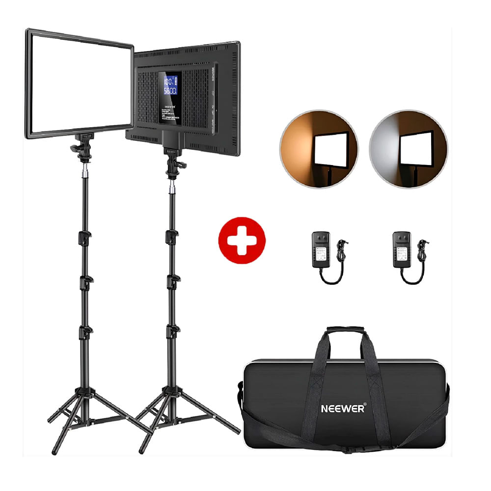 Combo: luminación Neewer NL-192AI con panel LED bicolor ultradelgado 20W, batería integrada 8000mAh y soportes ajustables, negro